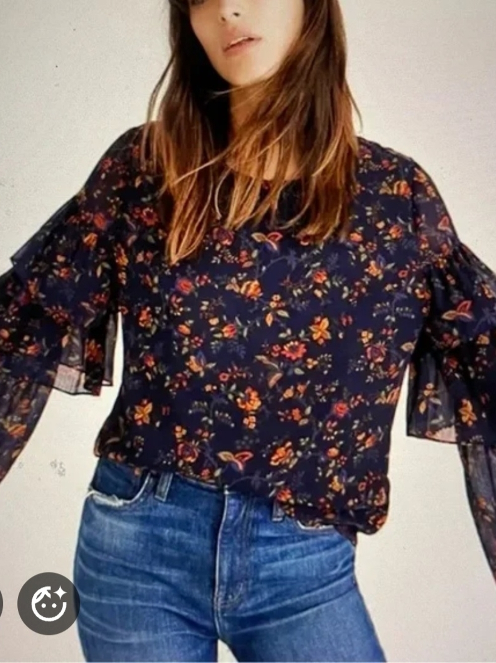 Madewell Dark Blue Floral Tiered-Sleeve Blouse